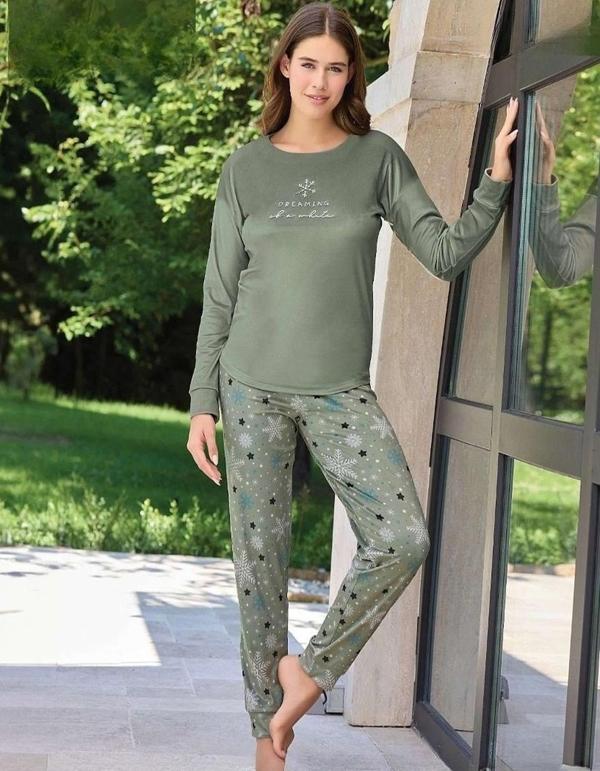 Pijamoni Kadın Kışlık Bisiklet Yaka Likralı Kadife Pijama Takımı 4210/16- 1 Adet Haki-S - M - Image 1