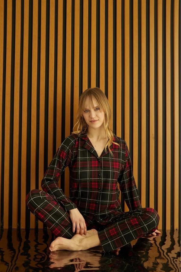 Pijamoni Kadın Süet Önden Düğmeli Likralı Pijama Takımı 5 - 1 Adet Bordo-XL - Image 1