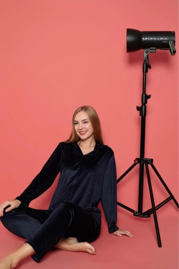Charme Kadın Kışlık Gömlek Yaka Kadife Pijama Takımı P301/515- 1 Adet Koyu Lacivert-2XL - Image 1