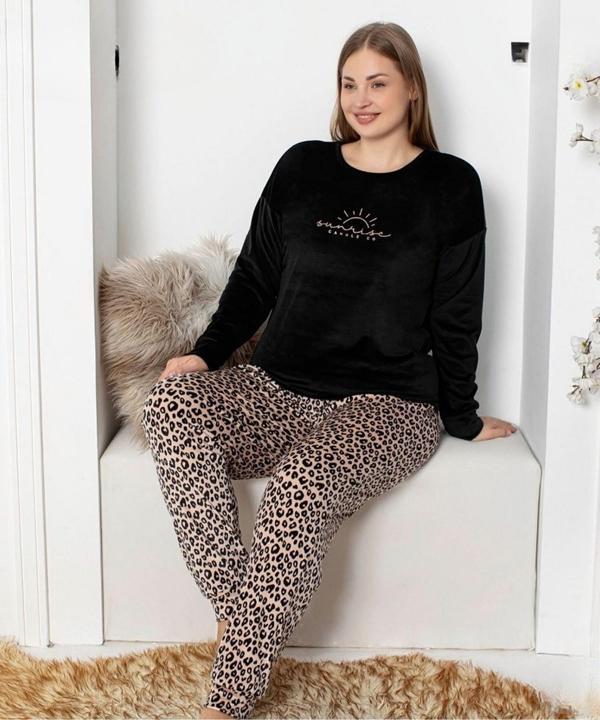 Pijamoni Kadın Kadife Büyük Beden Bisiklet Yaka Uzun Kol Pijama Takımı 4230/1- 1 Adet Siyah-4XL - Image 1