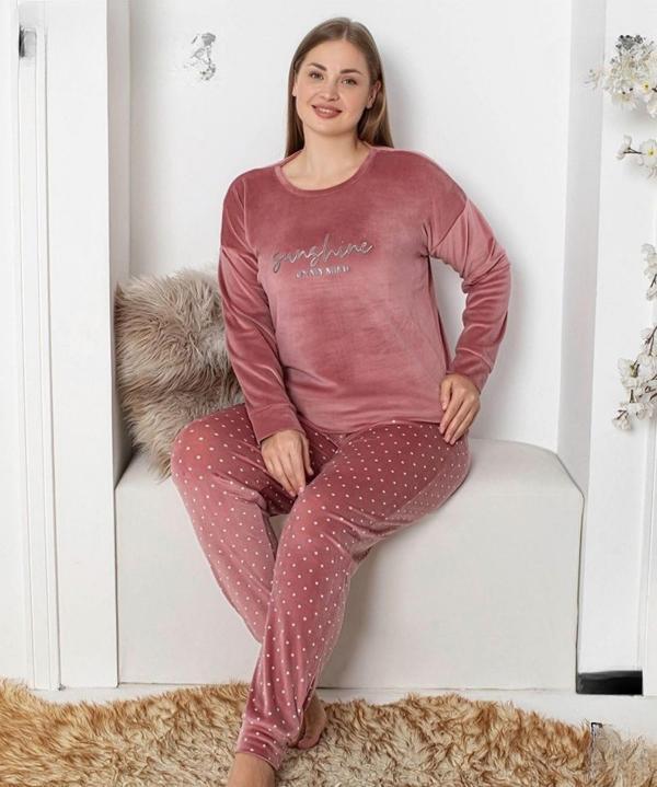 Pijamoni Kadın Kadife Büyük Beden Bisiklet Yaka Uzun Kol Pijama Takımı 4230/2- 1 Adet Pudra-4XL - Image 1