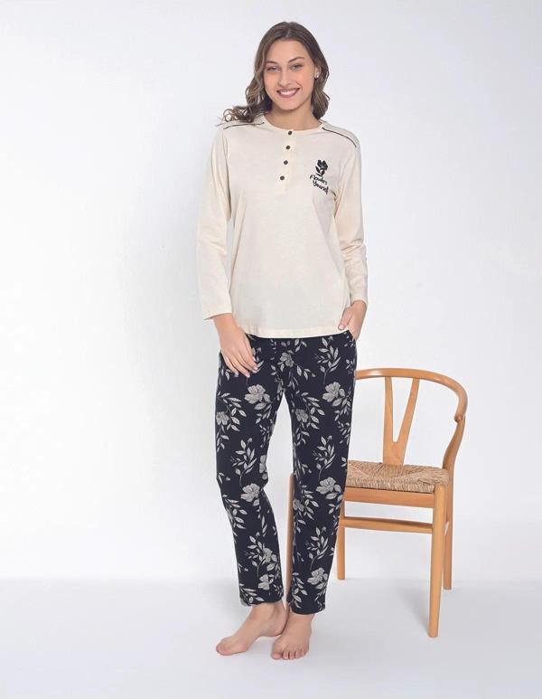 Senfoni Kadın Düğmeli Yaka Uzun Kol Pamuklu Pijama Takımı 6044 -1 Adet Ekru-2XL - Image 1