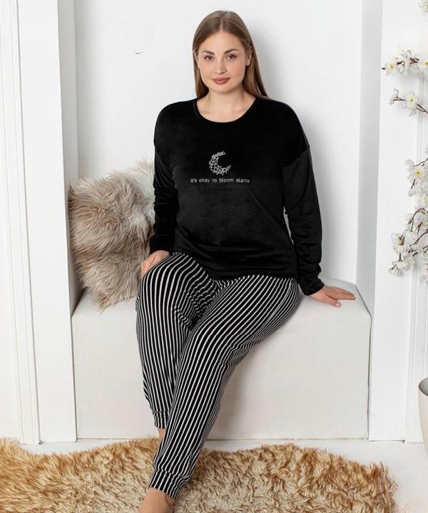 Pijamoni Kadın Kadife Büyük Beden Bisiklet Yaka Uzun Kol Pijama Takımı 4230/5- 1 Adet Siyah-4XL - Image 1