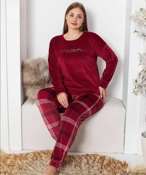 Pijamoni Kadın Kadife Büyük Beden Bisiklet Yaka Uzun Kol Pijama Takımı 4230/6- 1 Adet Bordo-4XL - Image 1