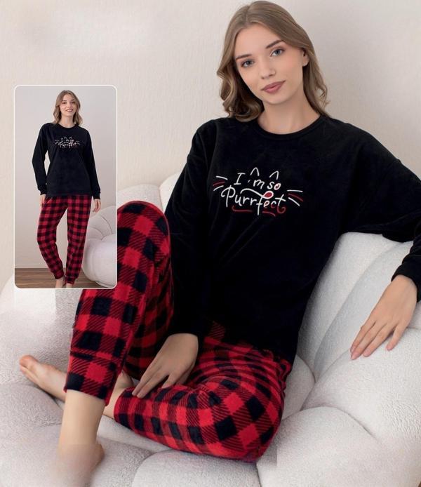 Boyraz Kadın Kışlık Bisiklet Yaka Soft Kadife Pijama Takımı 07018 - 1 Adet Siyah-XL - Image 1