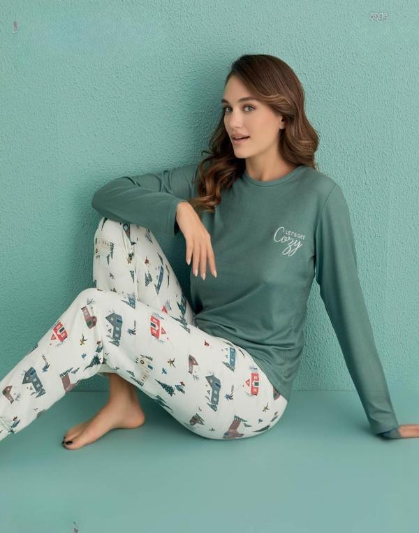 Mihra Kadın Bisiklet Yaka TERMAL Pijama Takımı 14101/15 - 1 Adet Yeşil-XL - Image 1