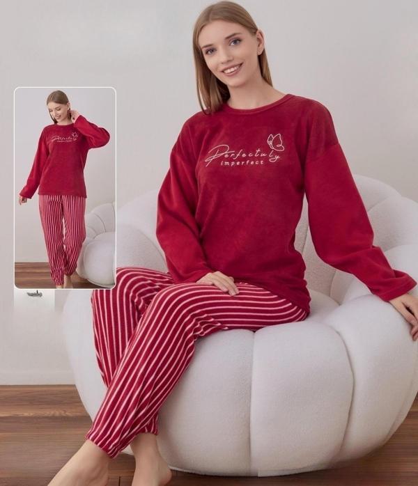 Boyraz Kadın Kışlık Bisiklet Yaka Soft Kadife Pijama Takımı 07021 - 1 Adet Kırmızı-XL - Image 1
