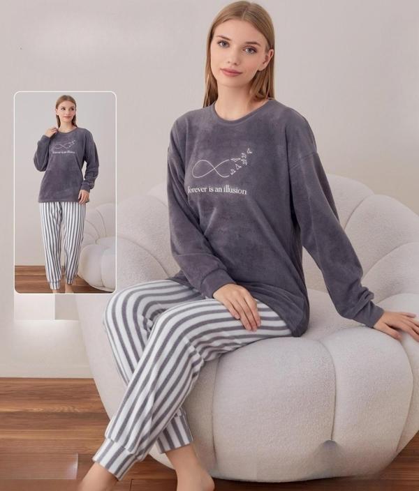 Boyraz Kadın Kışlık Bisiklet Yaka Soft Kadife Pijama Takımı 07026 - 1 Adet Gri-L - Image 1