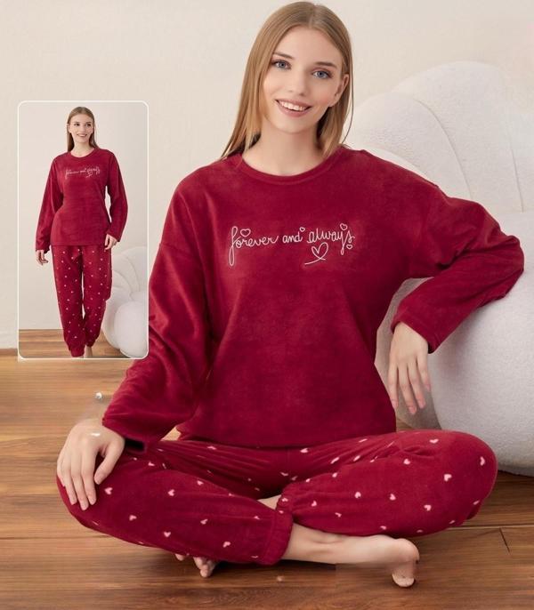 Boyraz Kadın Kışlık Bisiklet Yaka Soft Kadife Pijama Takımı 07012 - 1 Adet Kırmızı-S - M - Image 1