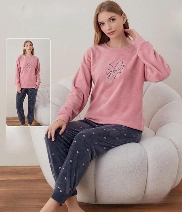 Boyraz Kadın Kışlık Bisiklet Yaka Soft Kadife Pijama Takımı 07035 - 1 Adet Pembe-S - M - Image 1
