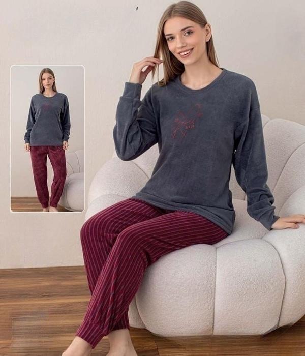 Boyraz Kadın Kışlık Bisiklet Yaka Soft Kadife Pijama Takımı 07037 - 1 Adet Füme-2XL - Image 1