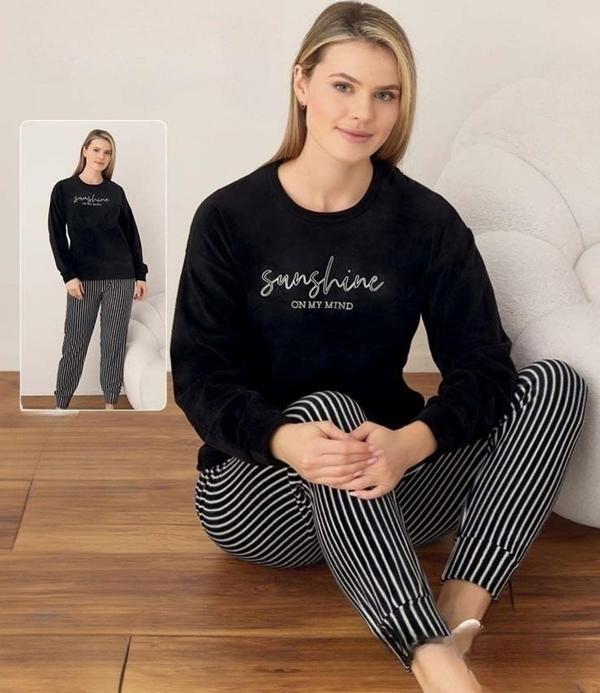 Boyraz Kadın Kışlık Bisiklet Yaka Soft Kadife Pijama Takımı 07041 - 1 Adet Siyah-XL - Image 1
