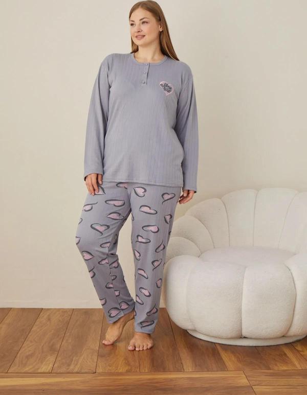 Lindros Kadın Pamuklu Düğme Yaka Raporlu İnterlok Battal Pijama Takımı 05102 - 1 Adet Gri-2XL - Image 1