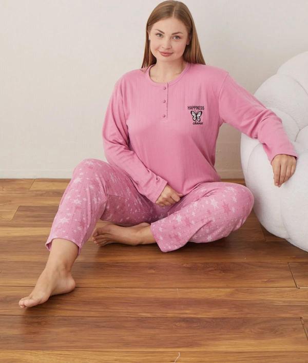Lindros Kadın Pamuklu Düğme Yaka Raporlu İnterlok Battal Pijama Takımı 05110 - 1 Adet Pembe-3XL - Image 1