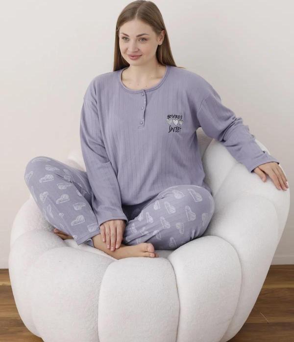 Lindros Kadın Pamuklu Düğme Yaka Raporlu İnterlok Battal Pijama Takımı 05114 - 1 Adet Lila-2XL - Image 1