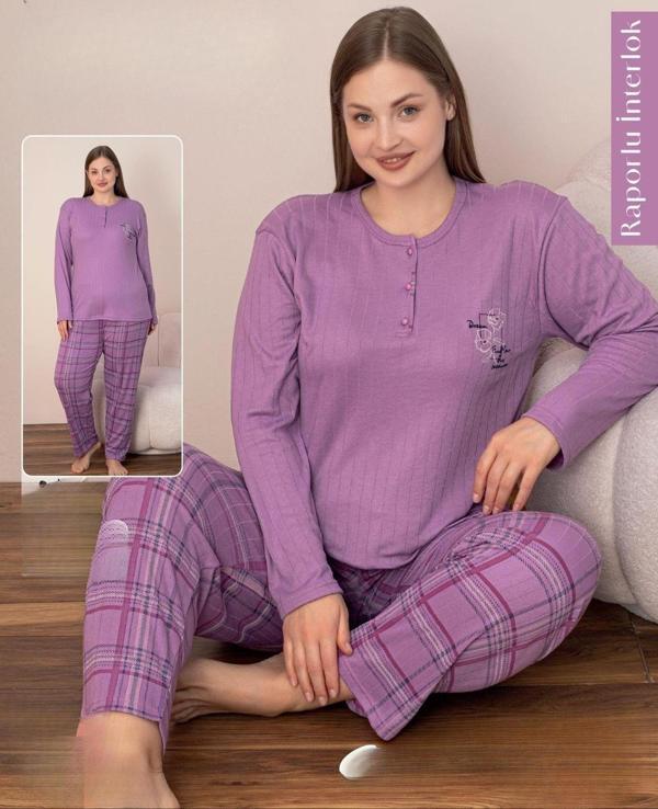Lindros Kadın Pamuklu Düğme Yaka Raporlu İnterlok Battal Pijama Takımı 05130 - 1 Adet Mor-5XL - Image 1