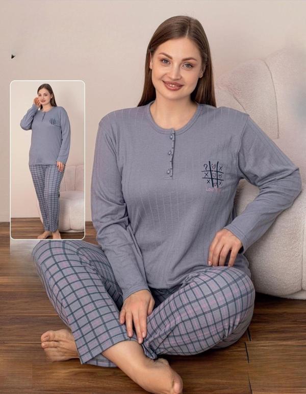 Lindros Kadın Pamuklu Düğme Yaka Raporlu İnterlok Battal Pijama Takımı 05131 - 1 Adet Gri-5XL - Image 1