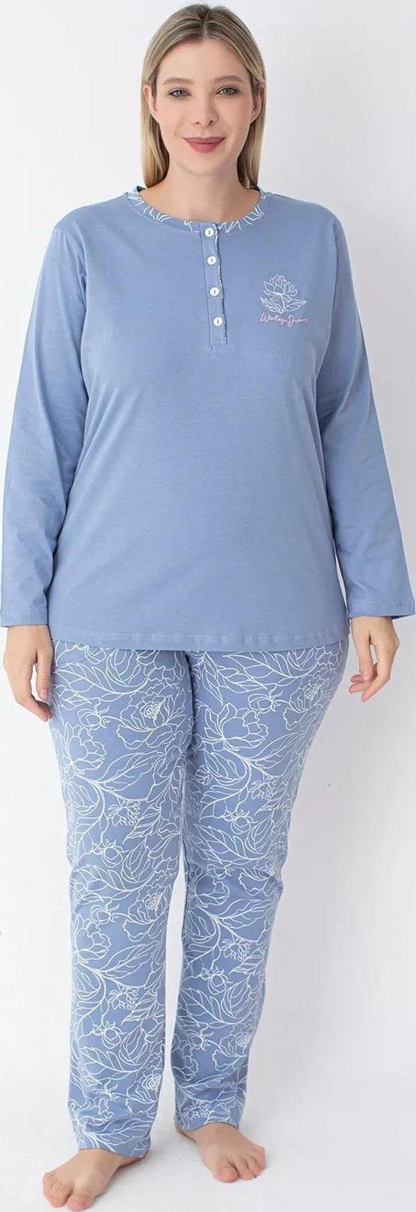 Senfoni Kadın Büyük Beden Düğmeli Yaka Uzun Kol %100 Pamuk Pijama Takımı 6068 -1 Adet Mavi-3XL - Image 1
