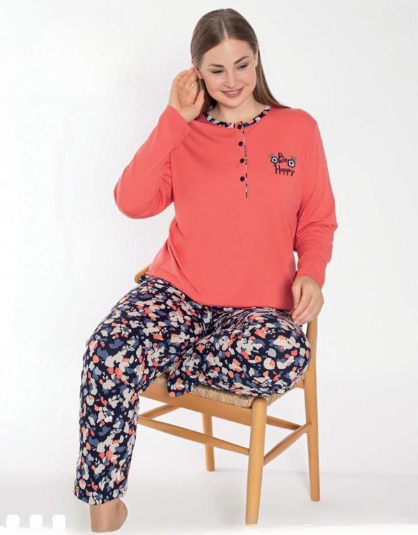 Senfoni Kadın Büyük Beden Düğmeli Yaka Uzun Kol Modal Pijama Takımı 6091 -1 Adet Turuncu-3XL - Image 1