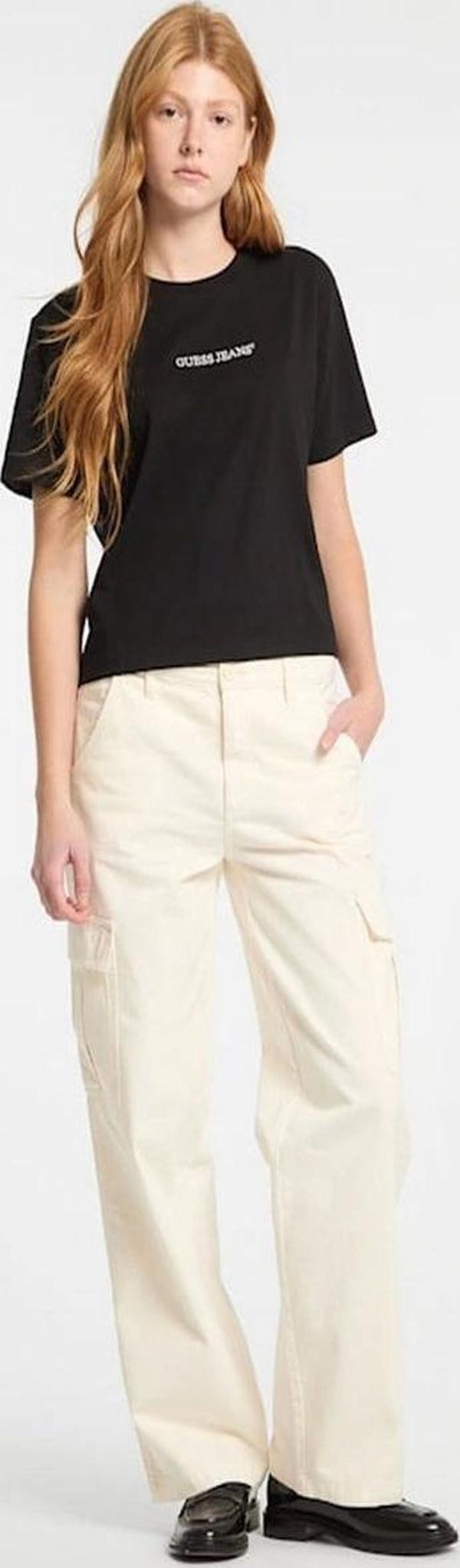 GUESS JEANS Kadın Crop Boxy T-shirt Nakış İşlemeli Siyah - Image 1