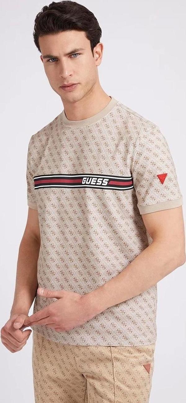 Guess Erkek Bej  Bisiklet Yaka Desenli T-Shirt - Image 1