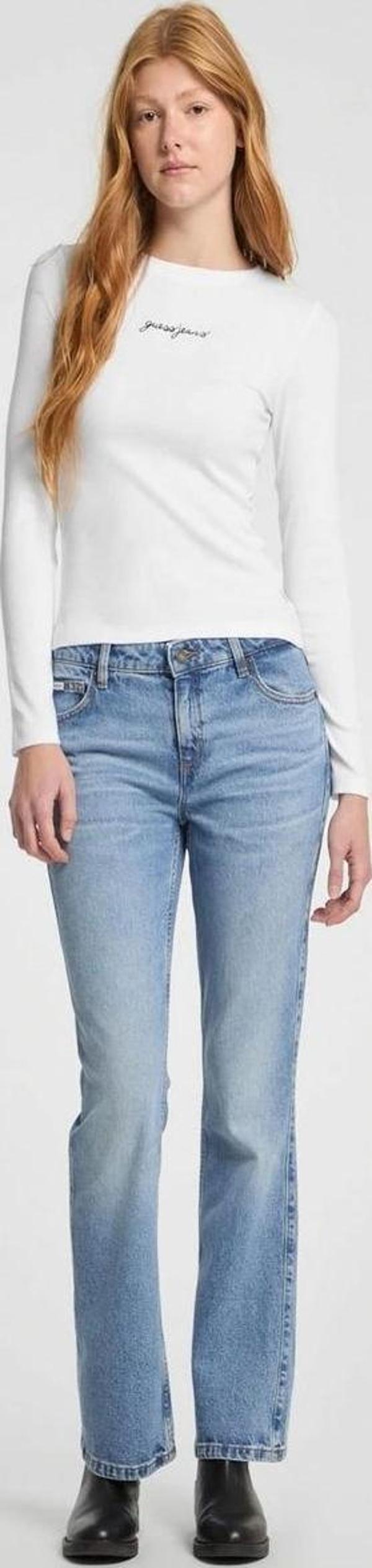 GUESS Kadın Slim Fit Ribbed T-shirt Uzun Kol Beyaz - Image 1