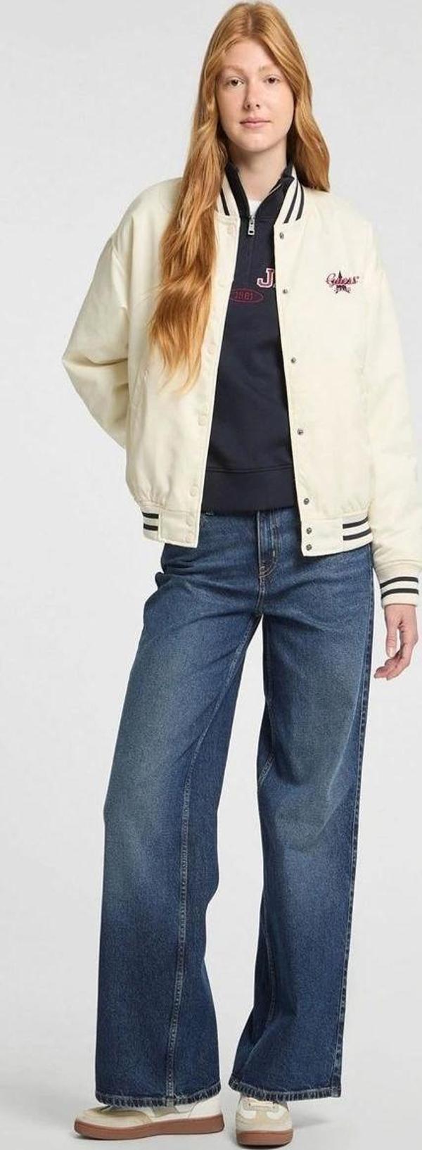 GUESS JEANS Kadın Varsity Ceketi Şerit Detaylı Bej Ceket - Image 1