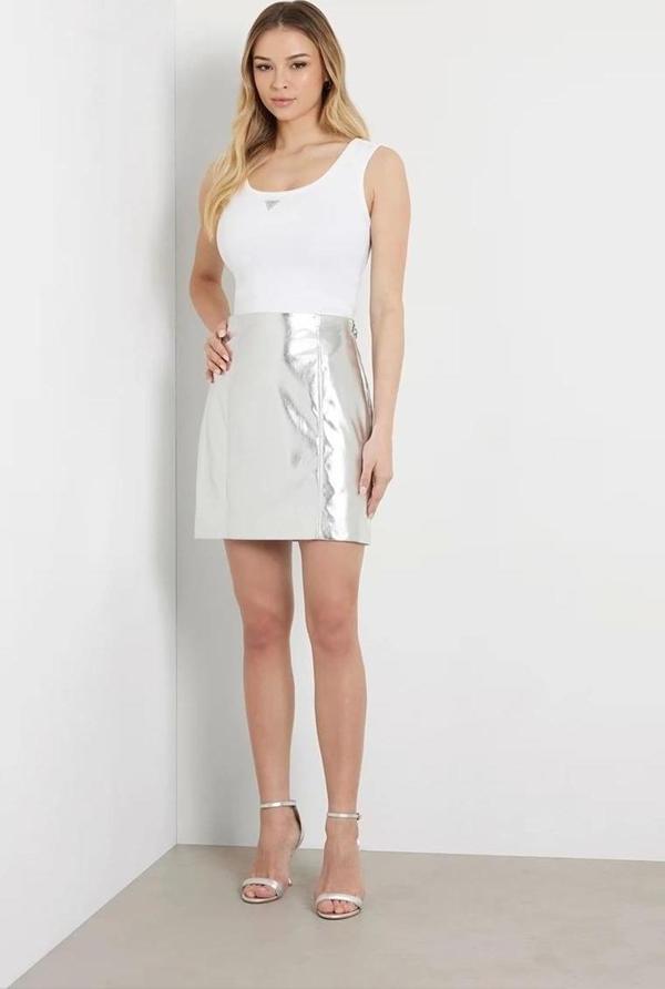 Guess Kadın  Metalik Efeketli Suni Deri  Beyaz Mini Etek - Image 1
