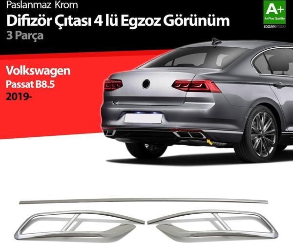 Volkswagen Passat Uyumlu B8.5 Krom Egzoz Görünümü Difüzör 4'Lü R Line 3 Parça 2019 Ve Üzeri - Image 1