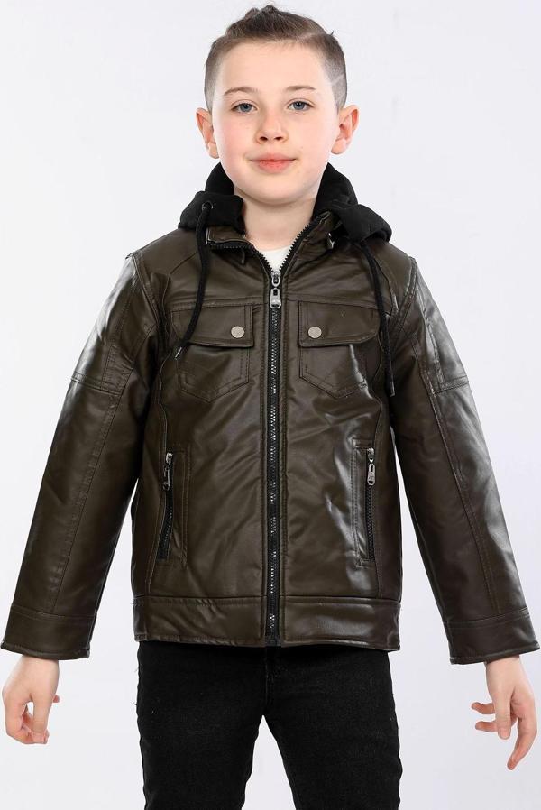 Veform Erkek Çocuk İçi Kürklü Kapişonlu Su Geçirmez Suni Deri Mont AVM032VF Haki - Image 1