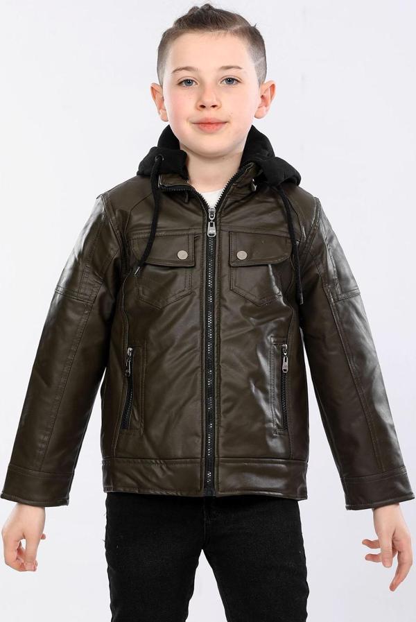 Veform Erkek Çocuk İçi Kürklü Kapişonlu Su Geçirmez Suni Deri Mont AVM032VF Haki - Image 1