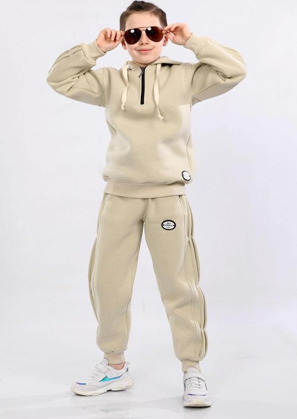 Çocuk Üç İp Şardonlu Kapüşonlu Kışlık Eşofman Takımı Bej MRN51203 - Image 1