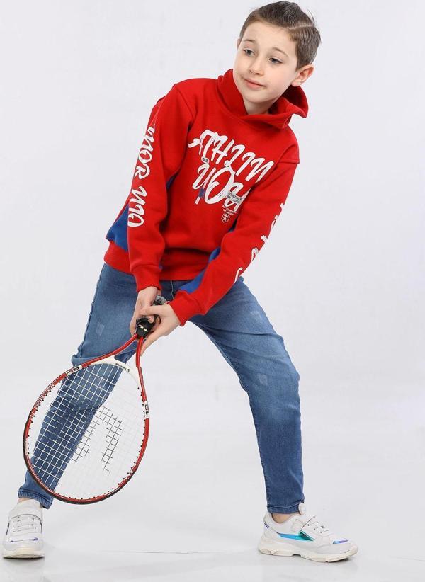 Kapüşonlu 3 İp Kışlık Erkek Çocuk Baskılı Kalın Sweatshirt Kırmızı MRN7013 - Image 1