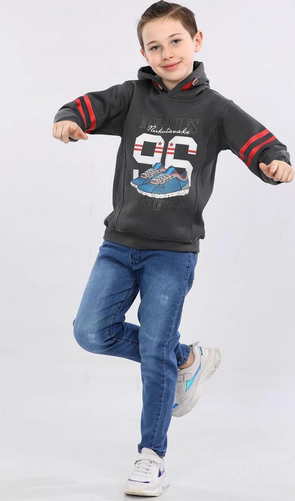 Erkek Çocuk Üç İp İçi Şardonlu Baskılı Kapüşonlu Kışlık Sweatshirt Gri MRN7015 - Image 1