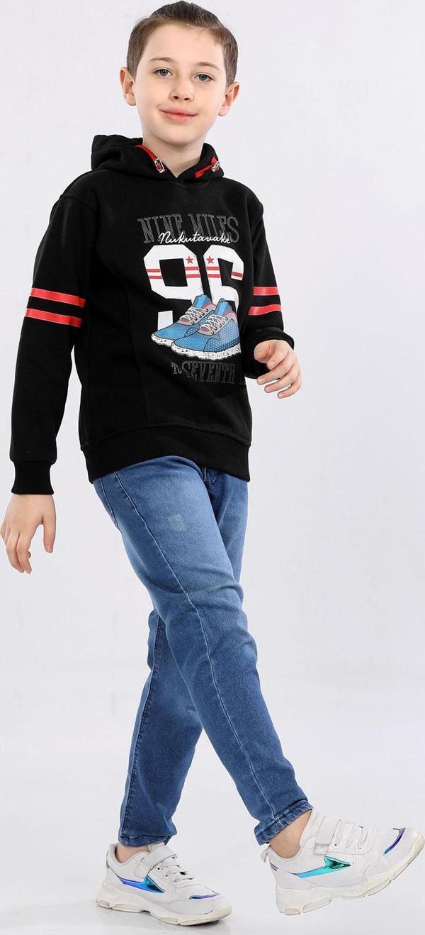 Erkek Çocuk Üç İp İçi Şardonlu Baskılı Kapüşonlu Kışlık Sweatshirt Siyah MRN7015 - Image 1