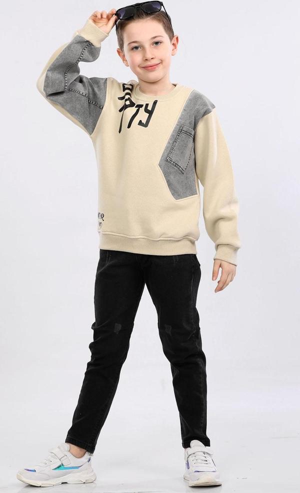 Erkek Çocuk Üç İp Kot Detaylı Sweatshirt Bej MRN7002 - Image 1