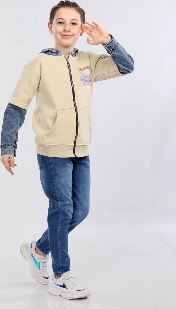 Erkek Çocuk İki İp Kot Detaylı Fermuarlı Kapüşonlu Sweatshirt Bej MRN7004 - Image 1