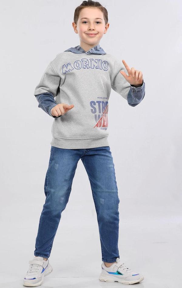 Erkek Çocuk Üç İp Kot Detaylı Şardonlu Kapüşonlu Sweatshirt Gri MRN7009 - Image 1