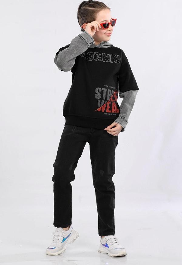 Erkek Çocuk Üç İp Kot Detaylı Şardonlu Kapüşonlu Sweatshirt Siyah MRN7009 - Image 1