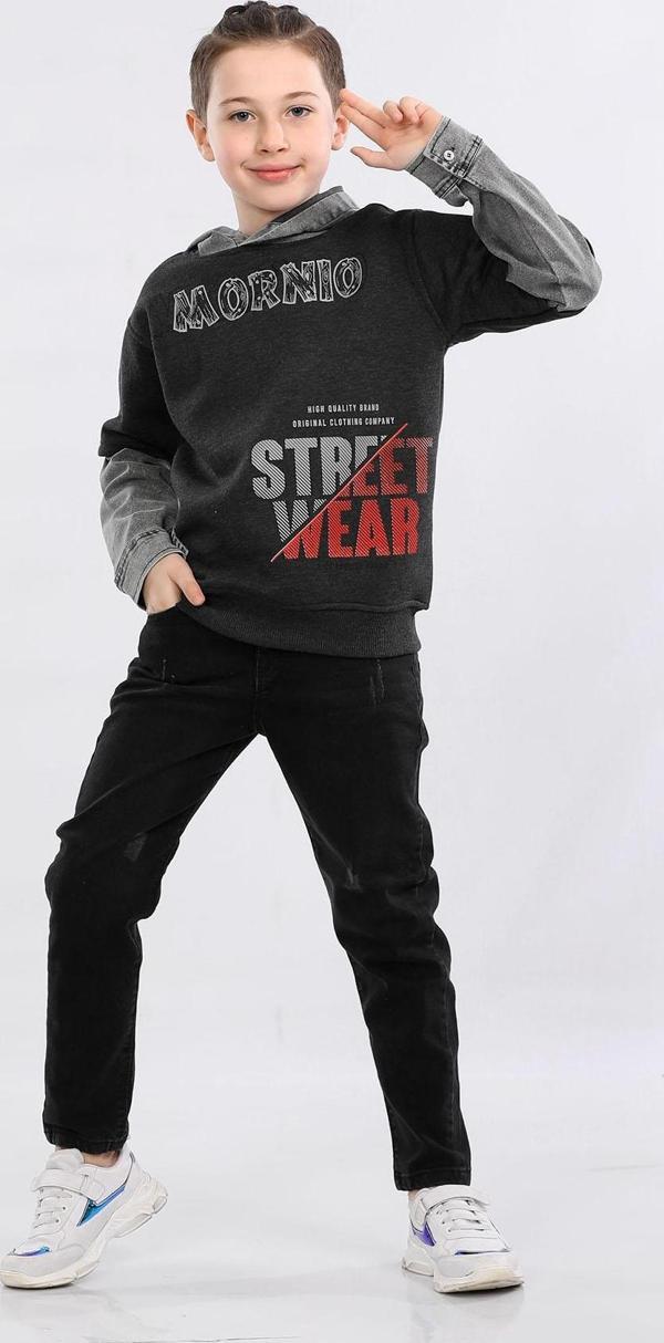 Erkek Çocuk Üç İp Kot Detaylı Şardonlu Kapüşonlu Sweatshirt Füme MRN7009 - Image 1