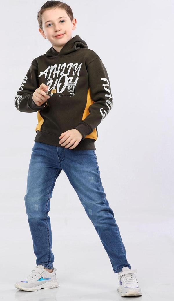 Kapüşonlu 3 İp Kışlık Erkek Çocuk Baskılı Kalın Sweatshirt Haki MRN7013 - Image 1