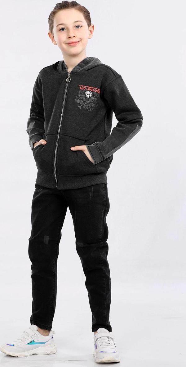 Erkek Çocuk İki İp Kot Detaylı Fermuarlı Kapüşonlu Sweatshirt Füme MRN7003 - Image 1