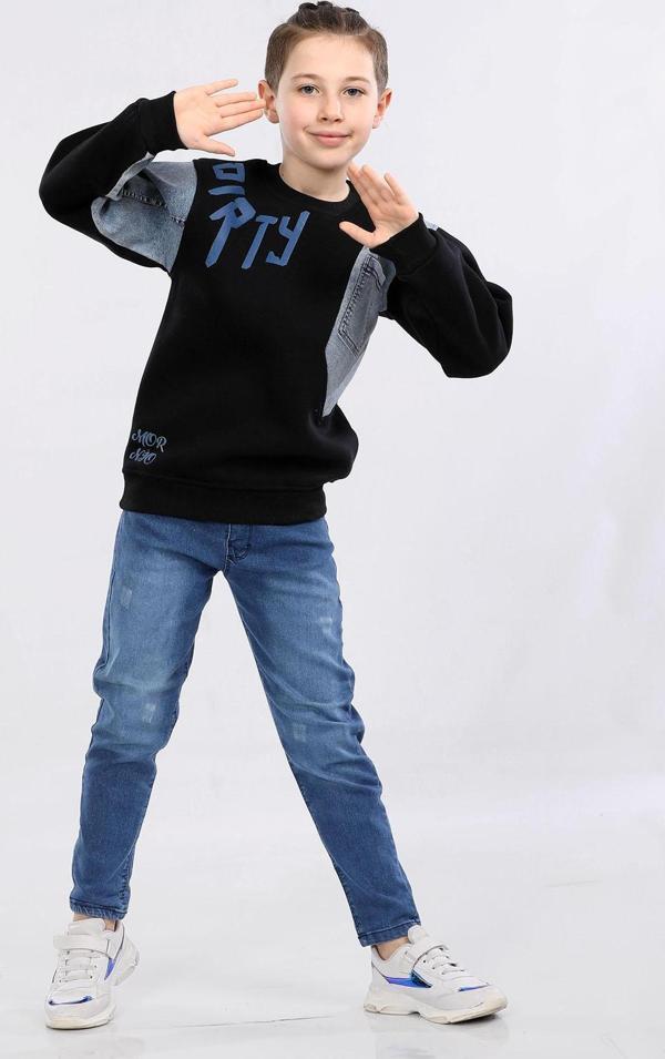Erkek Çocuk Üç İp Kot Detaylı Sweatshirt Siyah MRN7002 - Image 1