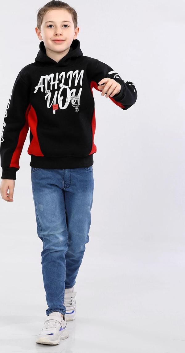 Kapüşonlu 3 İp Kışlık Erkek Çocuk Baskılı Kalın Sweatshirt Siyah MRN7014 - Image 1