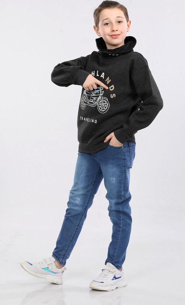 Degaje Yaka 3 İp Kışlık Erkek Çocuk Kalın Sweatshirt Füme MRN7022 - Image 1