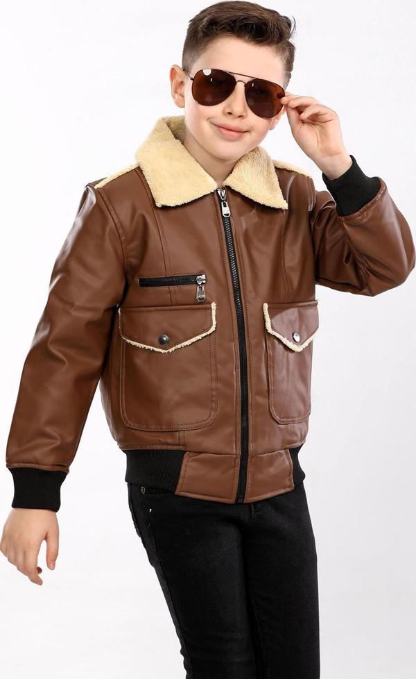 Erkek Çocuk İçi ve Yakası Kürklü  Suni Deri Spor Mont Kahverengi AVM201 - Image 1