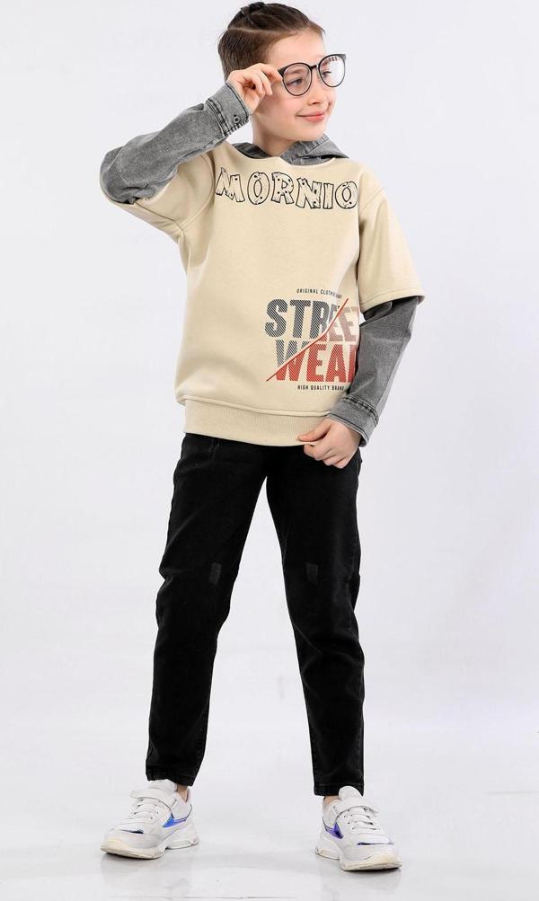 Erkek Çocuk Üç İp Kot Detaylı Şardonlu Kapüşonlu Sweatshirt Bej MRN7009 - Image 1