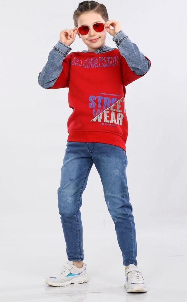Erkek Çocuk Üç İp Kot Detaylı Şardonlu Kapüşonlu Sweatshirt Kırmızı MRN7009 - Image 1