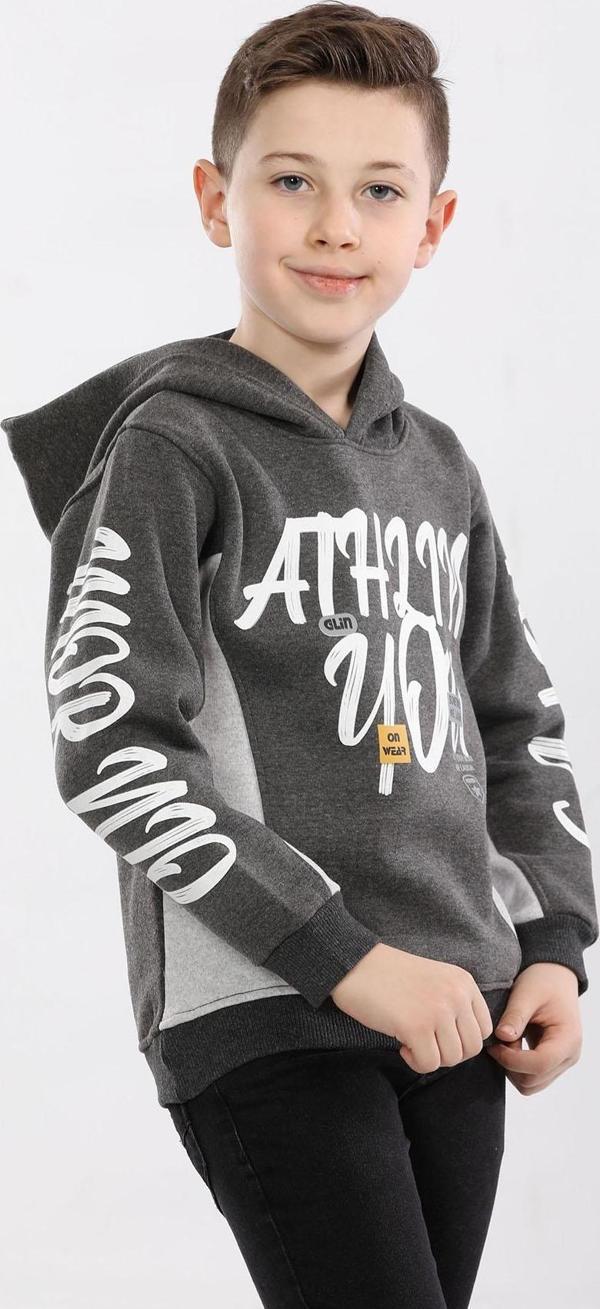 Kapüşonlu 3 İp Kışlık Erkek Çocuk Baskılı Kalın Sweatshirt Füme  MRN7013 - Image 1