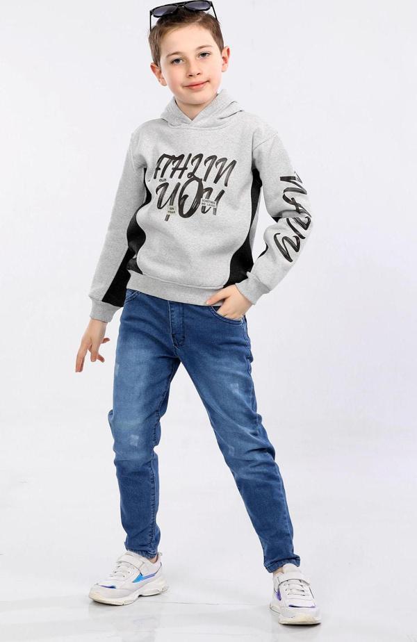 Kapüşonlu 3 İp Kışlık Erkek Çocuk Baskılı Kalın Sweatshirt Gri MRN7013 - Image 1